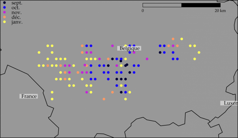 Ubicazione dei casi di PSA&nbsp;nel sud del Belgio.
